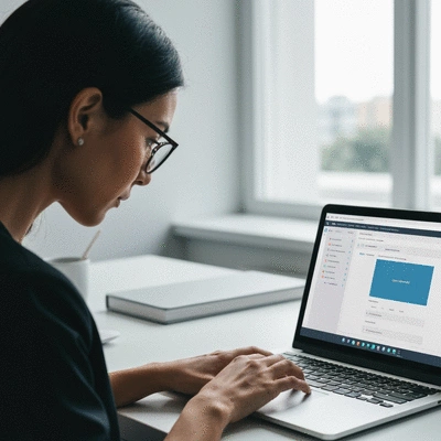 Close-up of a professional using data recovery software on laptop, clean workspace, no text, no words, no typography, no labels