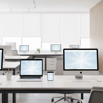 Modern office workspace with digital devices, clean background, no text, no words, no typography, no labels