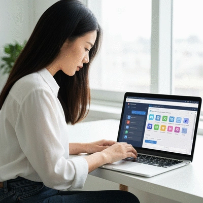 Person choosing data recovery software on laptop with digital interface