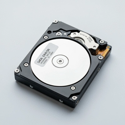 Corrupted hard drive with visible data error indication, clean tech background