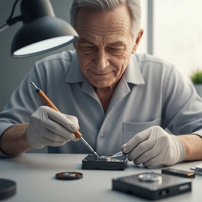 Professional data recovery technician working on hard drive with advanced tools