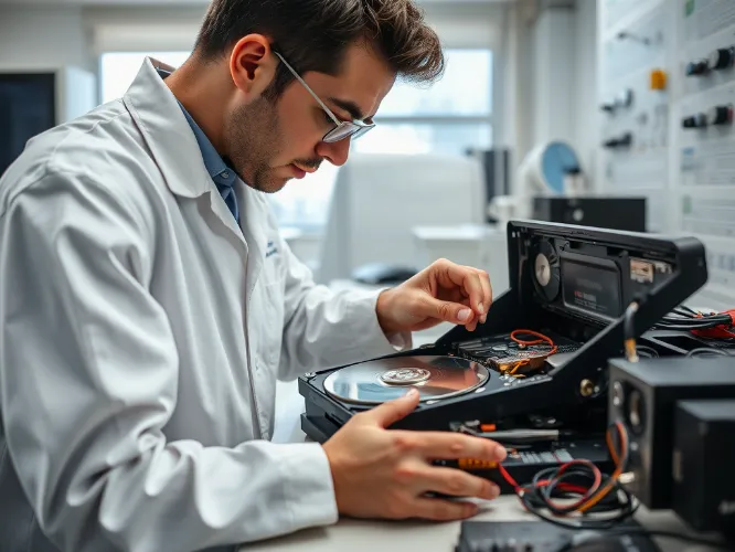 Data recovery specialist working on a computer drive